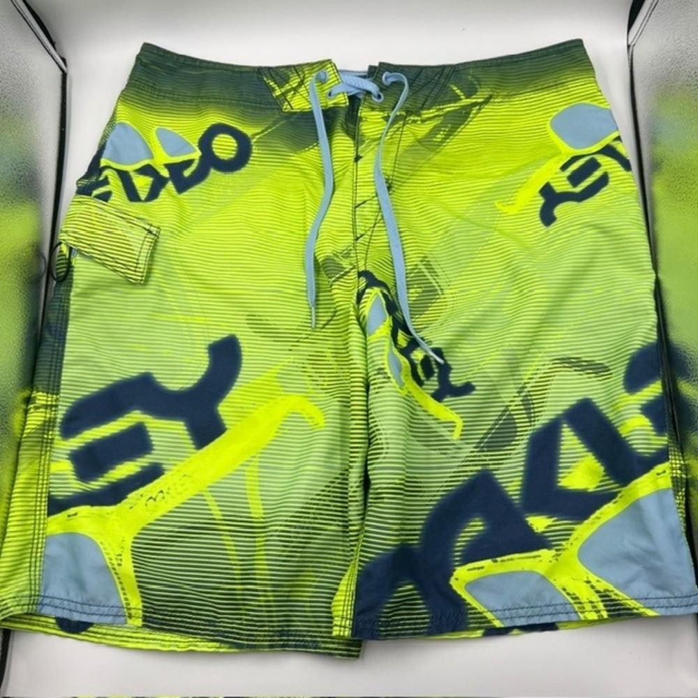 Y2K Oakley Men's 10" Lime Green Sunglasses Print Swim Shorts Size 34
